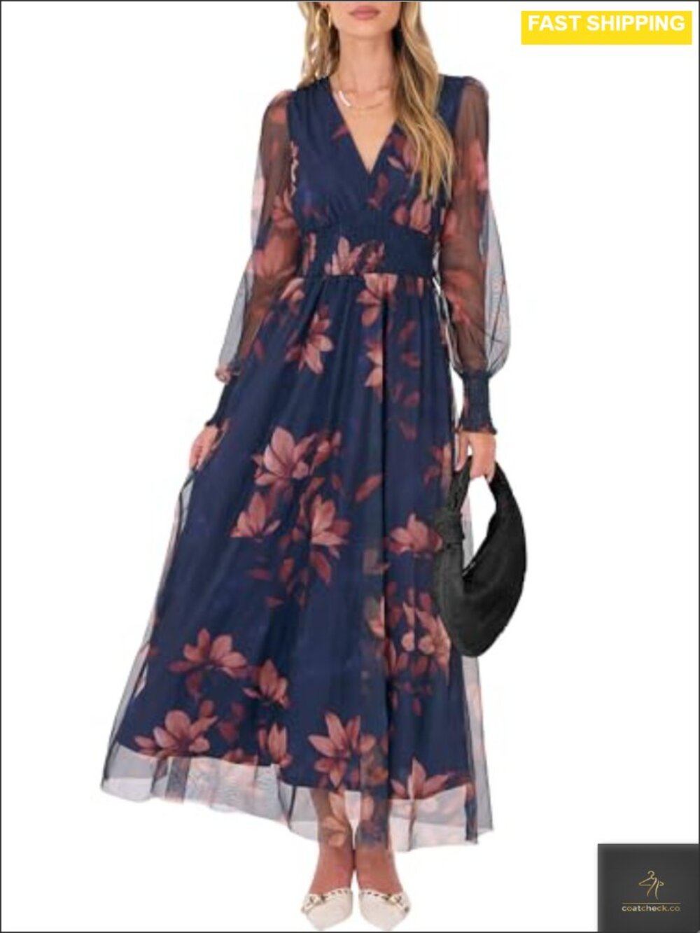 Tulle Floral Maxi Dress Long Sleeve V-Neck Puff Sleeve Wedding Guest